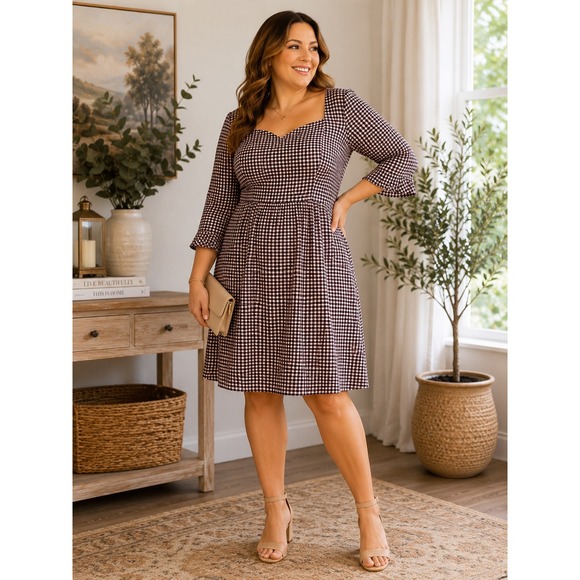 Abercrombie & Fitch Dresses & Skirts - Abercrombie & Fitch XL Gingham Sweetheart Midi Dress Burgundy Black Long Sleeve